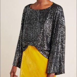 Anthropologie Sequined Black Long Sleeves Top